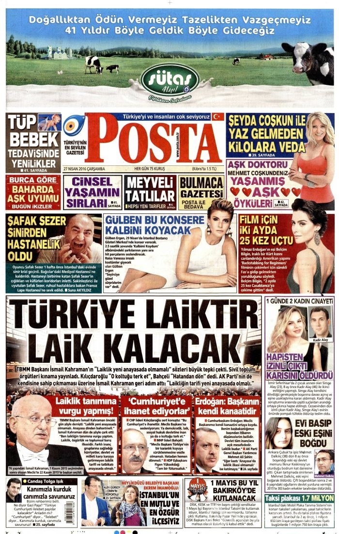 27 Nisan 2016 gazete manşetleri