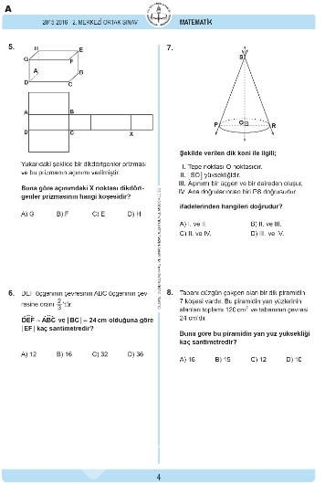 2016 TEOG Matematik Dersi Soru ve Cevap Anahtarı
