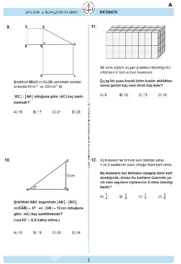 2016 TEOG Matematik Dersi Soru ve Cevap Anahtarı
