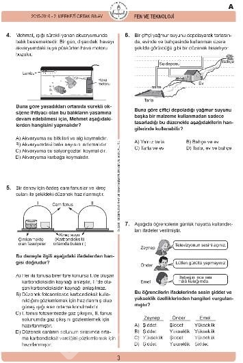 2016 TEOG Fen ve Teknoloji Dersi Soru ve Cevap Anahtarı
