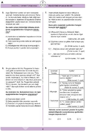 2016 TEOG Din Kültürü ve Ahlak Bilgisi Dersi Soru ve Cevap Anahtarı