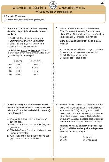 2016 TEOG T.C. İnkılap Tarihi ve Atatürkçülük Dersi Soru ve Cevap Anahtarı
