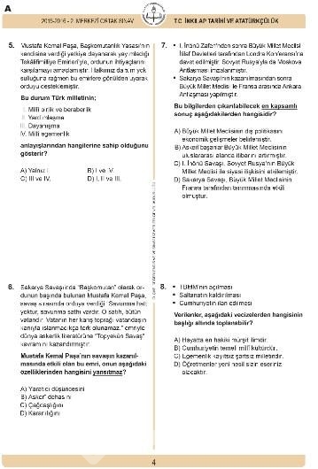 2016 TEOG T.C. İnkılap Tarihi ve Atatürkçülük Dersi Soru ve Cevap Anahtarı