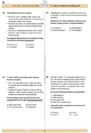 2016 TEOG T.C. İnkılap Tarihi ve Atatürkçülük Dersi Soru ve Cevap Anahtarı