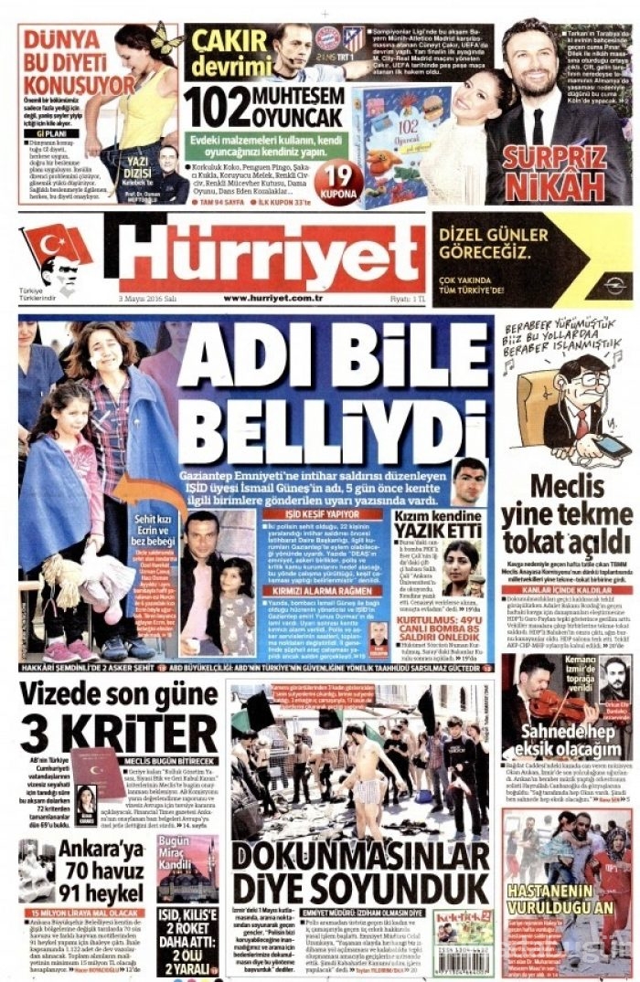 3 Mayıs 2016 gazete manşetleri