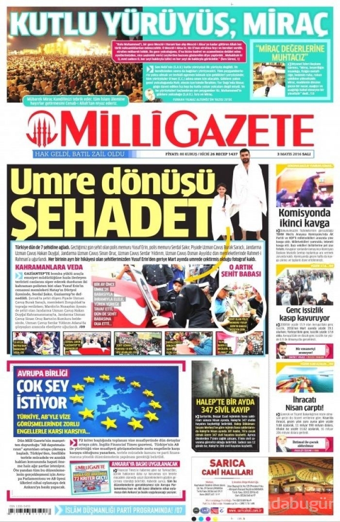3 Mayıs 2016 gazete manşetleri