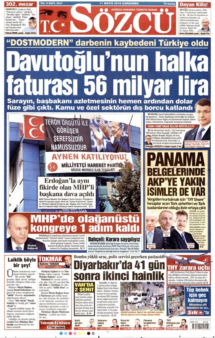 11 Mayıs 2016 gazete manşetleri