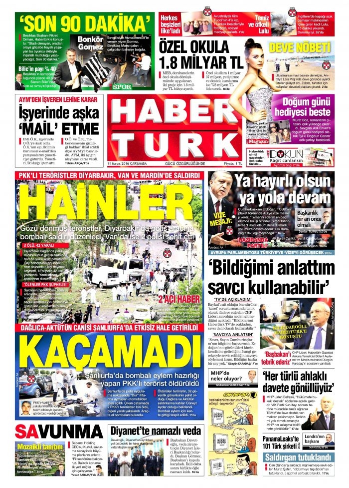 11 Mayıs 2016 gazete manşetleri