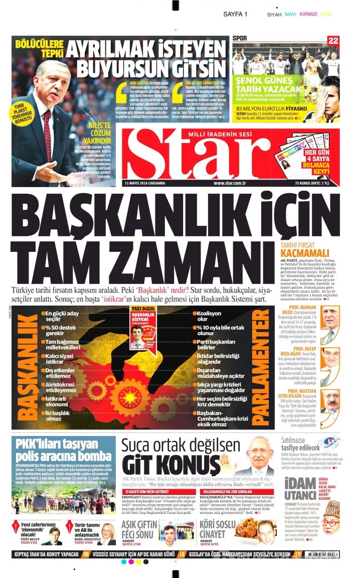 11 Mayıs 2016 gazete manşetleri