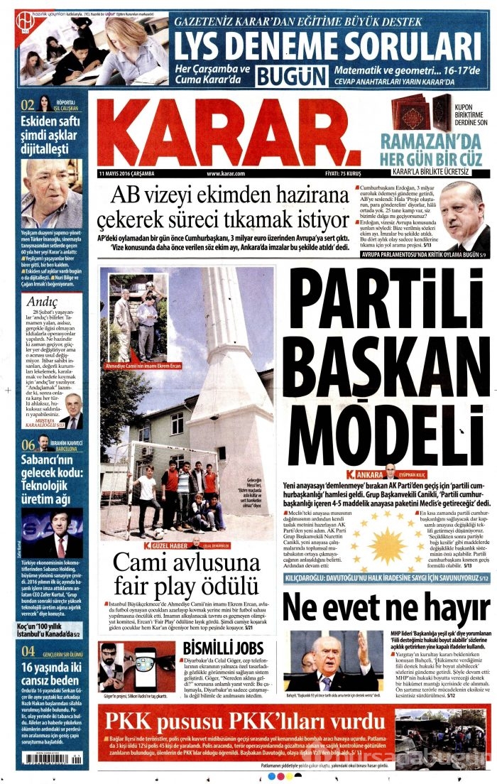 11 Mayıs 2016 gazete manşetleri