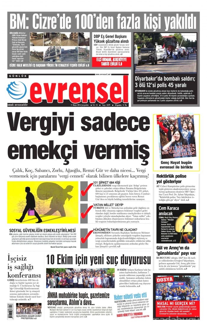 11 Mayıs 2016 gazete manşetleri
