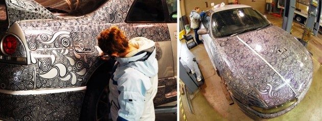 Silinmeyen kalem ile eşinin arabasına muhteşem desenler çizen sanatçı
