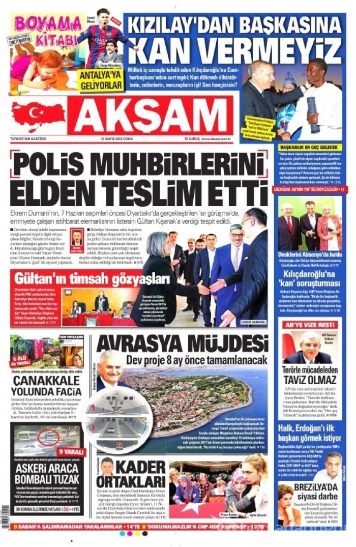 Günün gazete manşetleri 13 Mayıs 2016