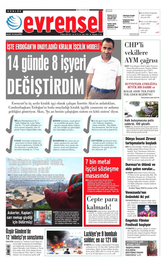24 Mayıs 2016 gazete manşetleri