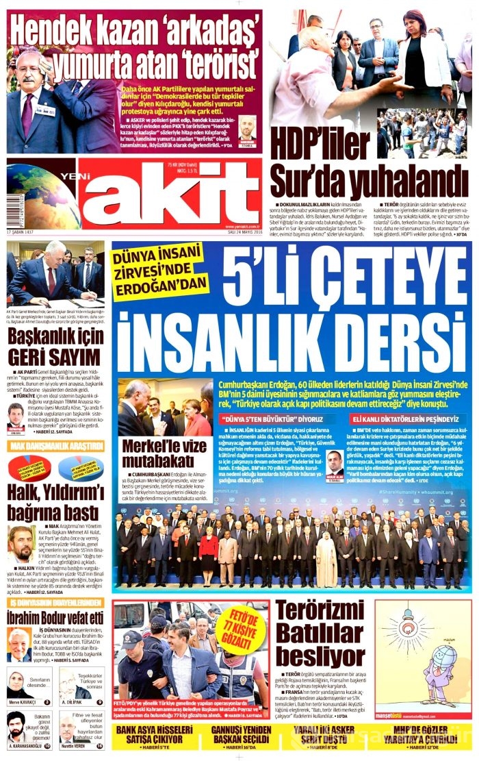 24 Mayıs 2016 gazete manşetleri
