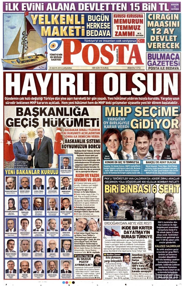 25 Mayıs 2016 gazete manşetleri