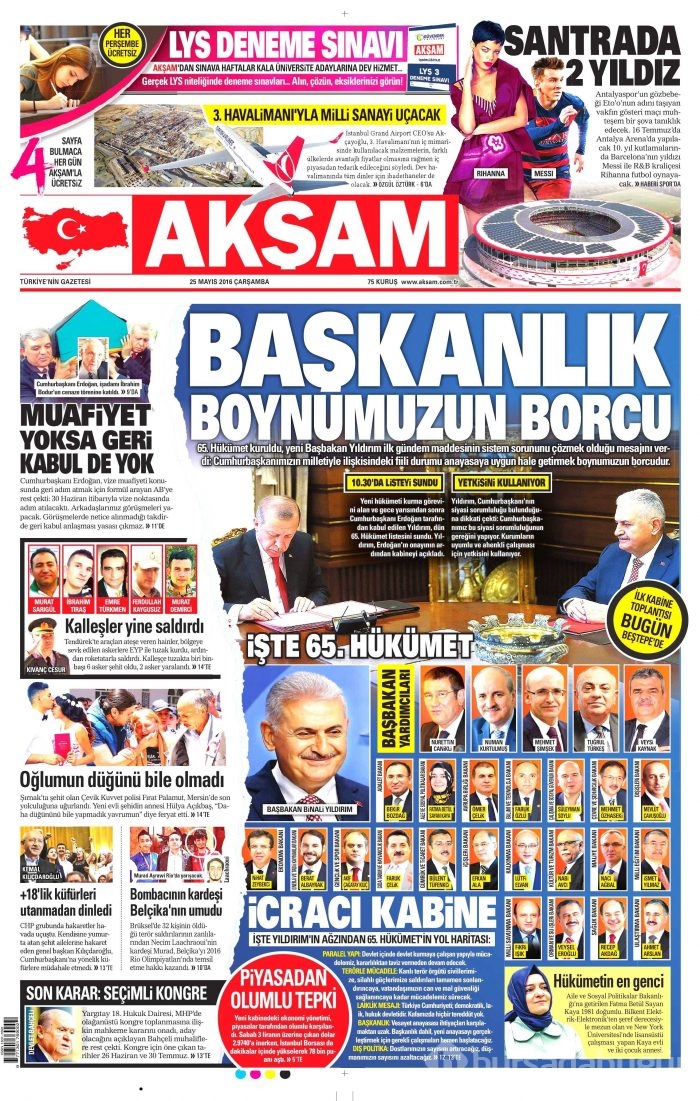 25 Mayıs 2016 gazete manşetleri