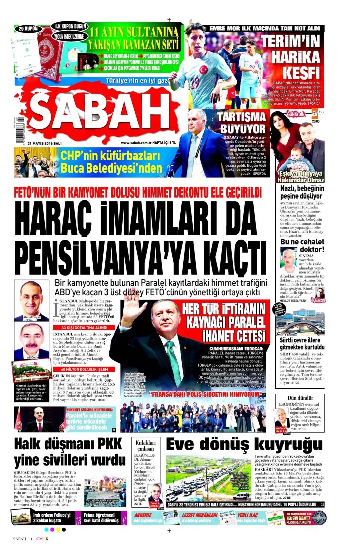 31 Mayıs 2016 gazete manşetleri