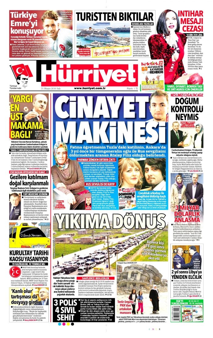 31 Mayıs 2016 gazete manşetleri