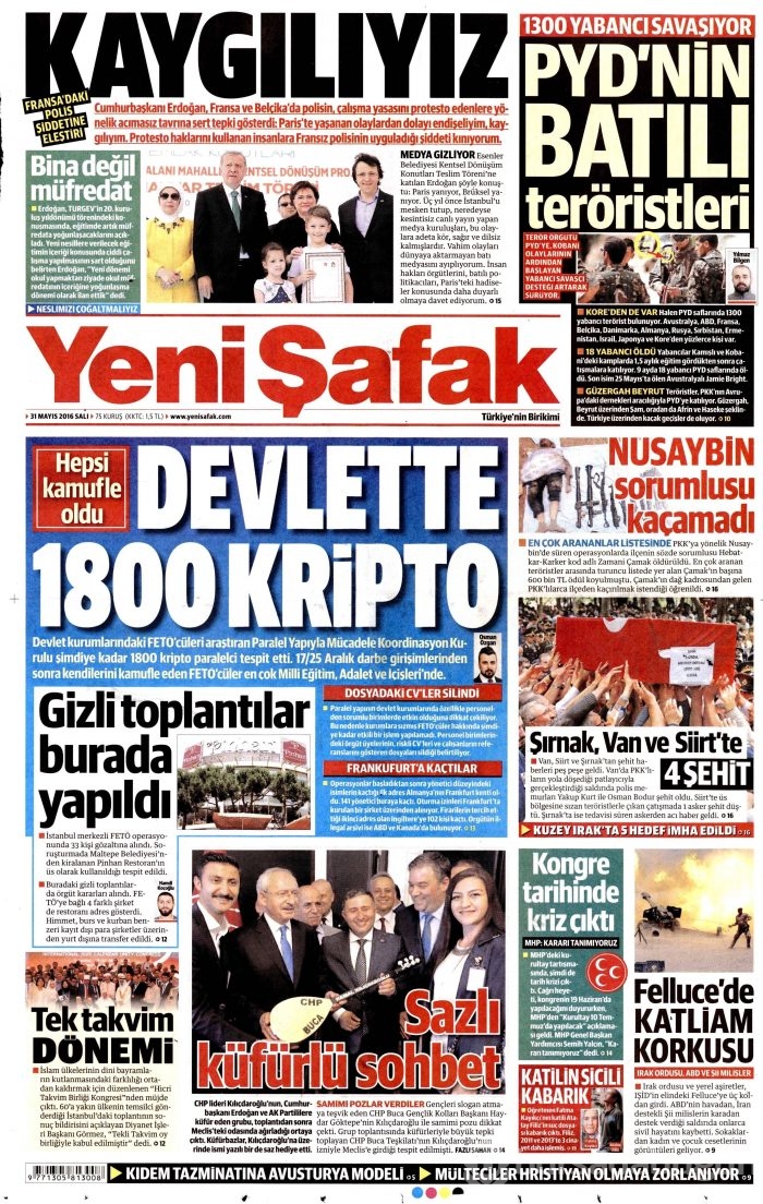 31 Mayıs 2016 gazete manşetleri