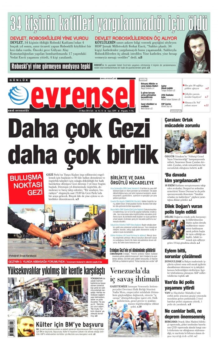 31 Mayıs 2016 gazete manşetleri