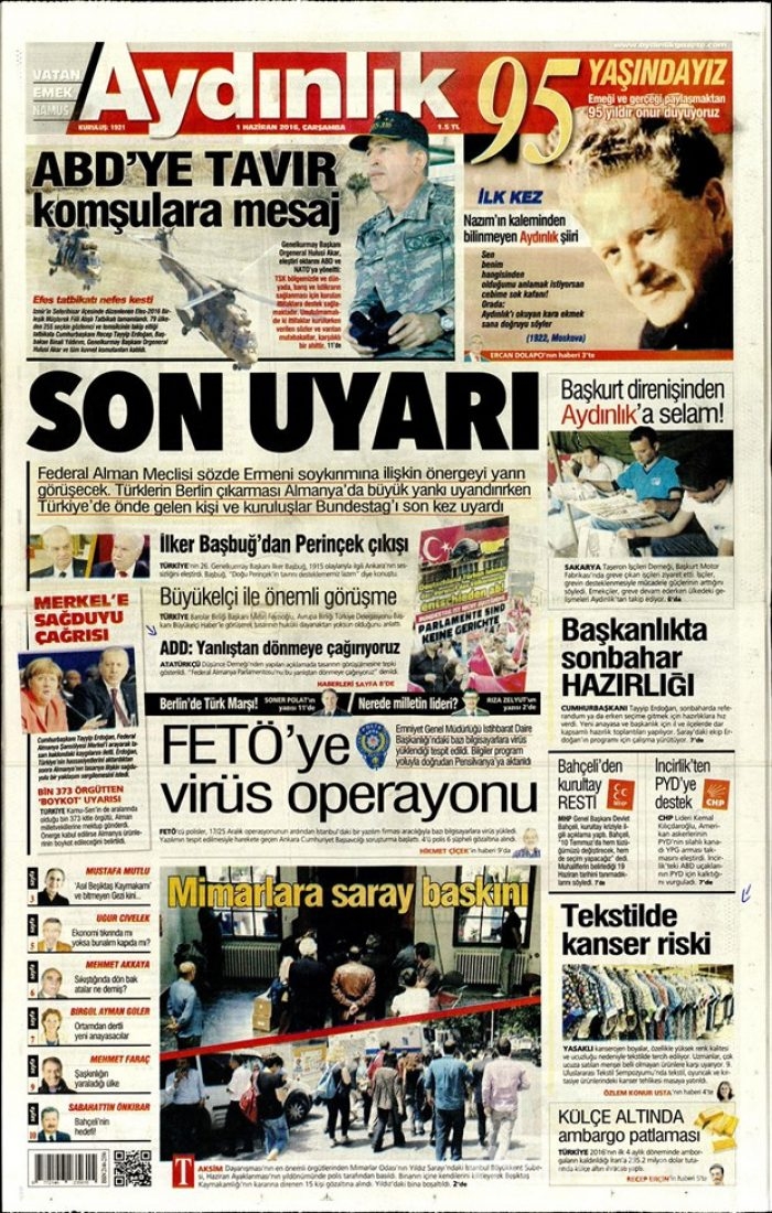 Günün gazete manşetleri 1 Haziran 2016