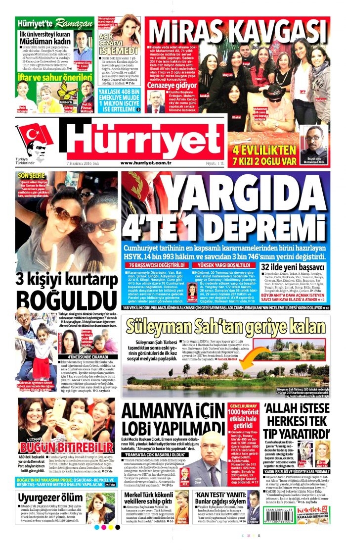 7 Haziran 2016 gazete manşetleri