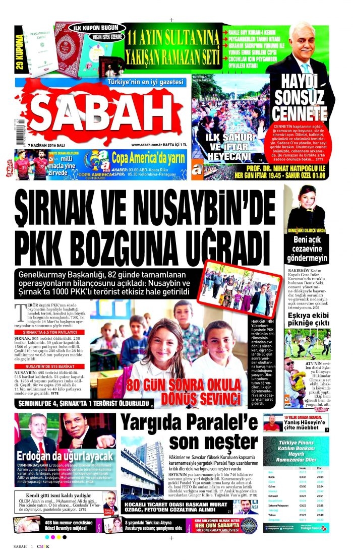 7 Haziran 2016 gazete manşetleri