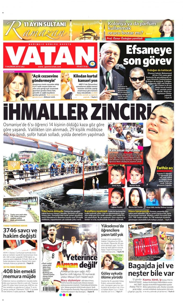 7 Haziran 2016 gazete manşetleri