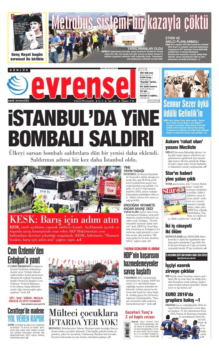 8 Haziran 2016 gazete manşetleri
