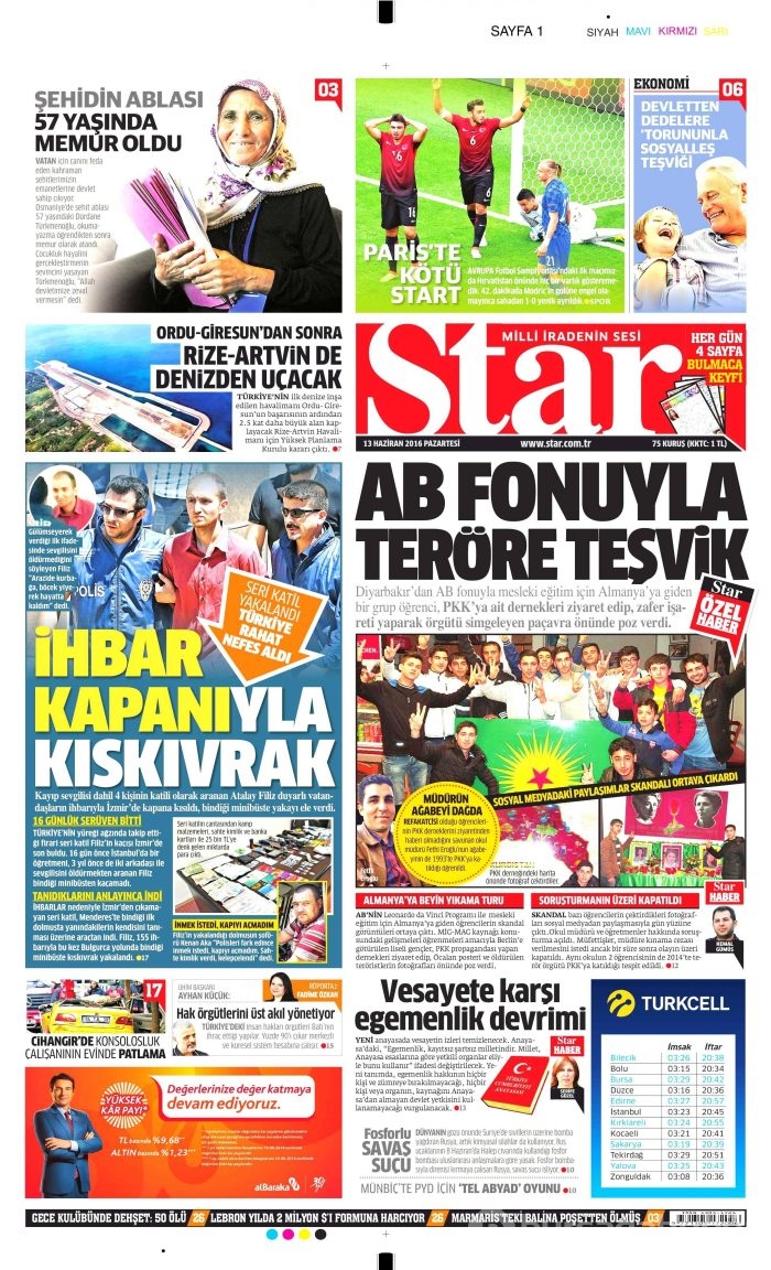 13 Haziran 2016 gazete manşetleri
