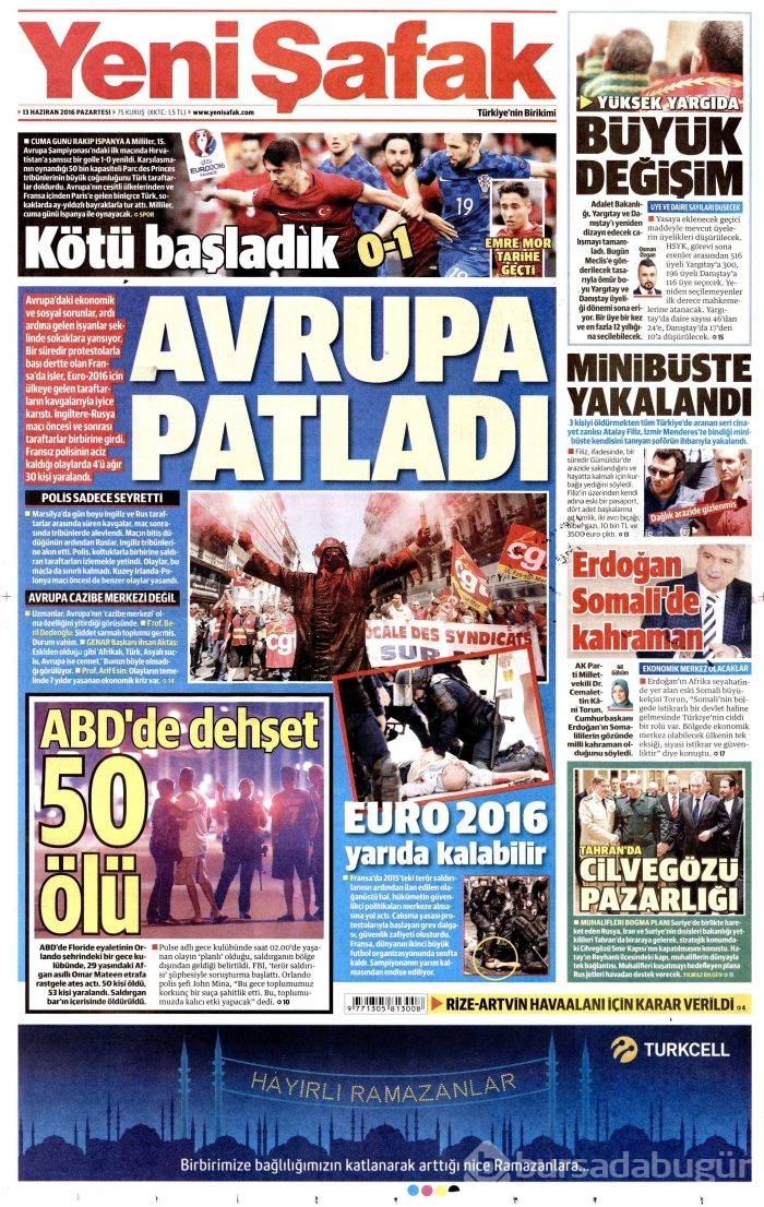13 Haziran 2016 gazete manşetleri
