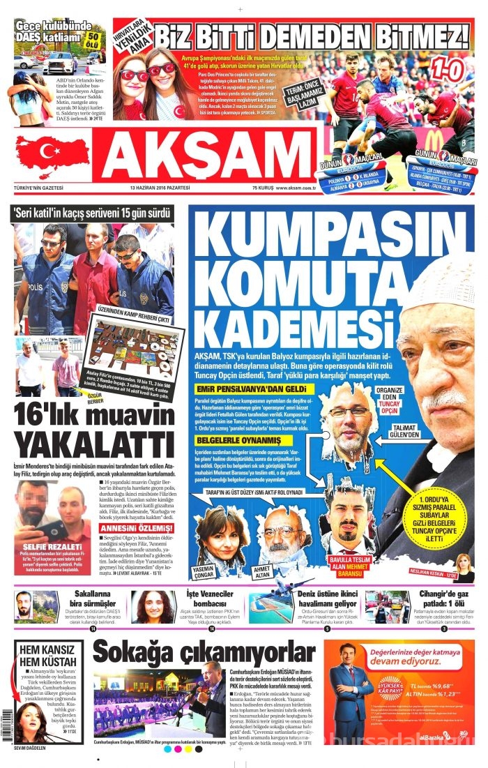 13 Haziran 2016 gazete manşetleri
