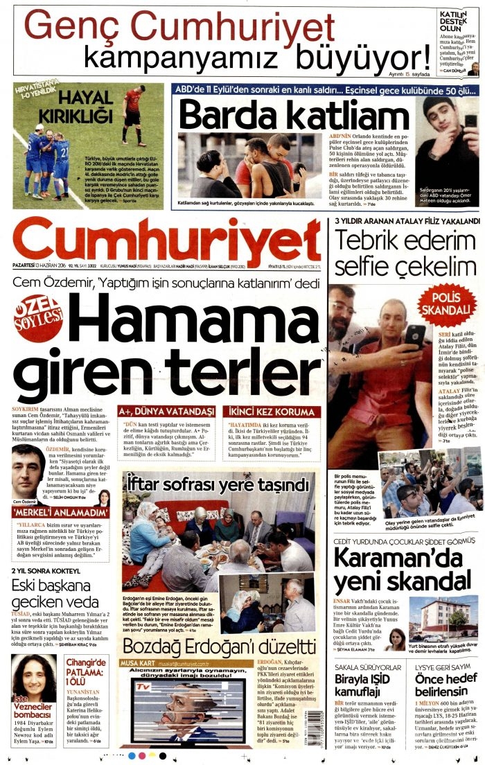 13 Haziran 2016 gazete manşetleri
