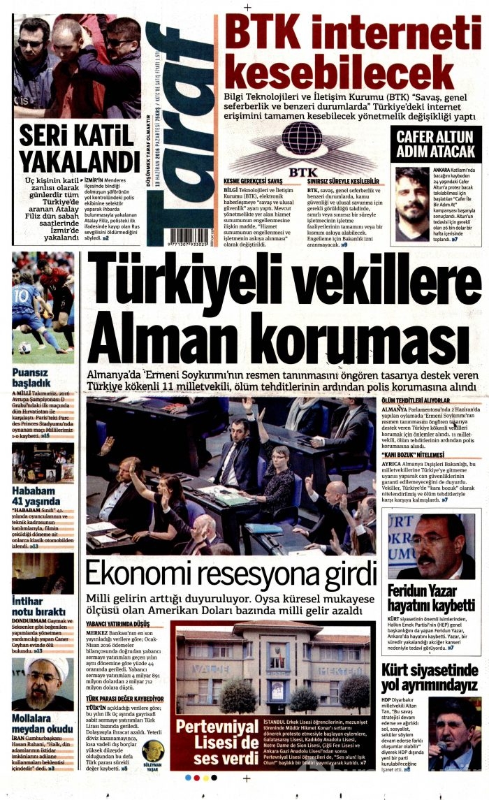 13 Haziran 2016 gazete manşetleri
