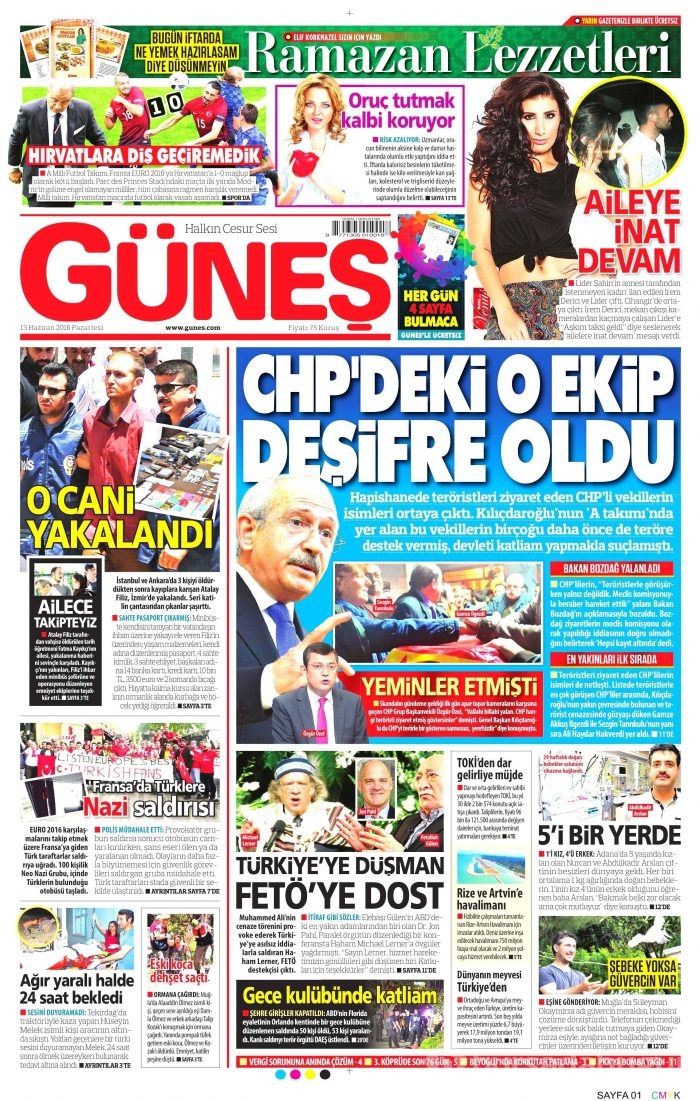 13 Haziran 2016 gazete manşetleri
