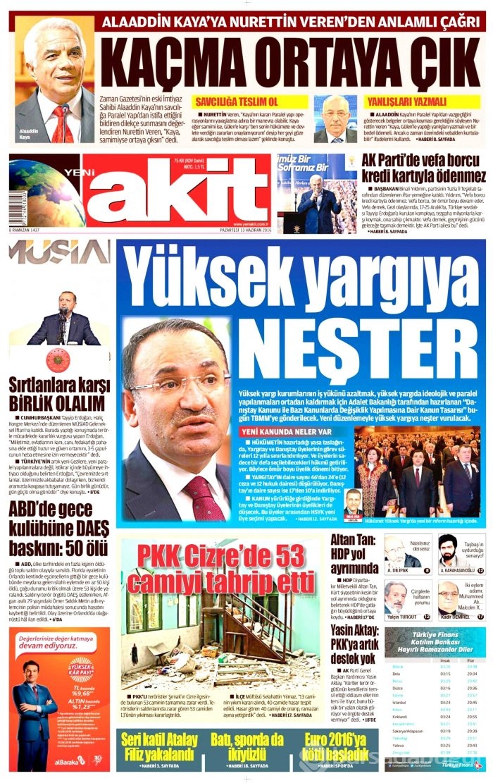 13 Haziran 2016 gazete manşetleri
