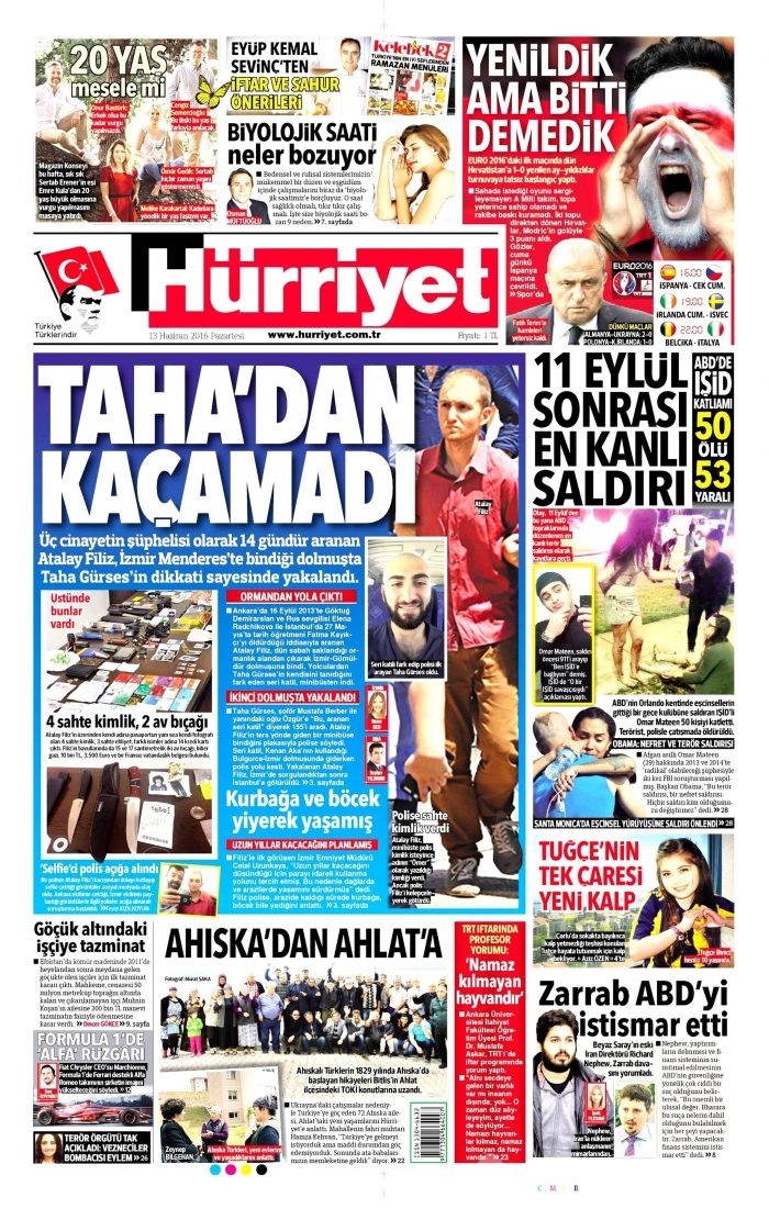 13 Haziran 2016 gazete manşetleri
