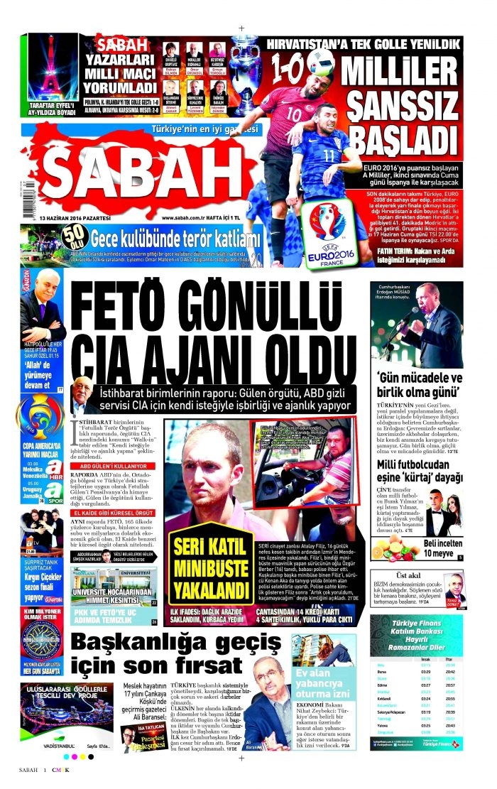 13 Haziran 2016 gazete manşetleri
