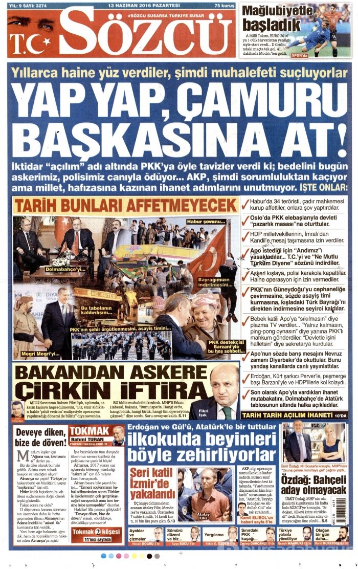 13 Haziran 2016 gazete manşetleri

