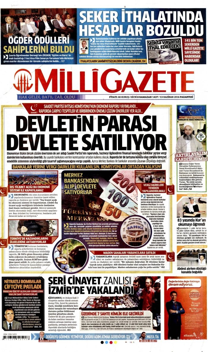 13 Haziran 2016 gazete manşetleri
