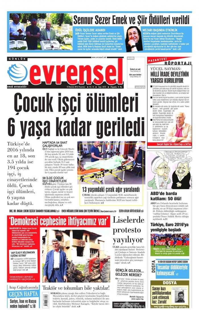 13 Haziran 2016 gazete manşetleri
