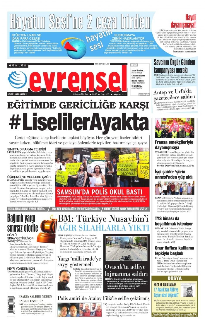 14 Haziran 2016 gazete manşetleri
