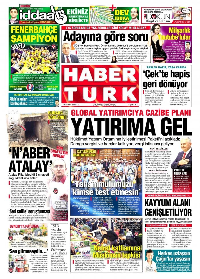 14 Haziran 2016 gazete manşetleri
