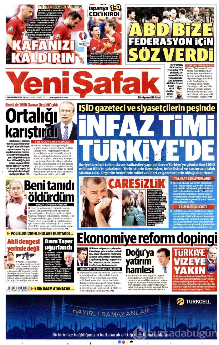 14 Haziran 2016 gazete manşetleri
