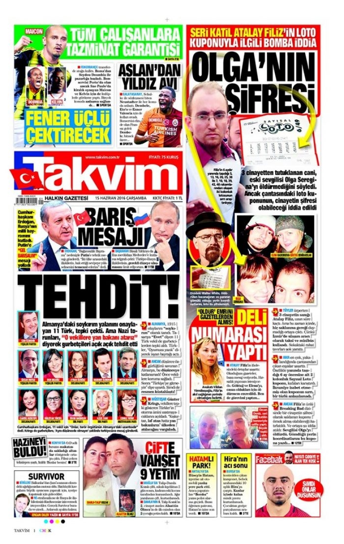 Günün gazete manşetleri - 15 Haziran 2016
