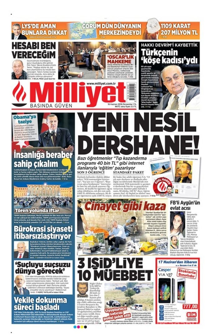 Günün gazete manşetleri - 16 Haziran 2016