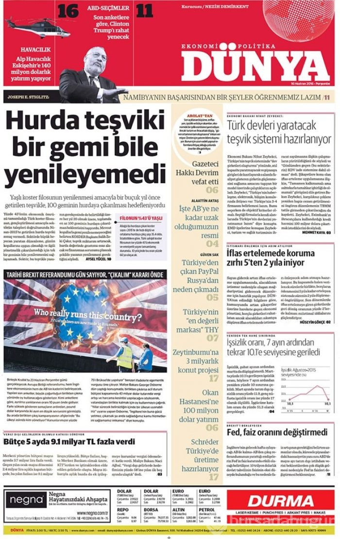Günün gazete manşetleri - 16 Haziran 2016
