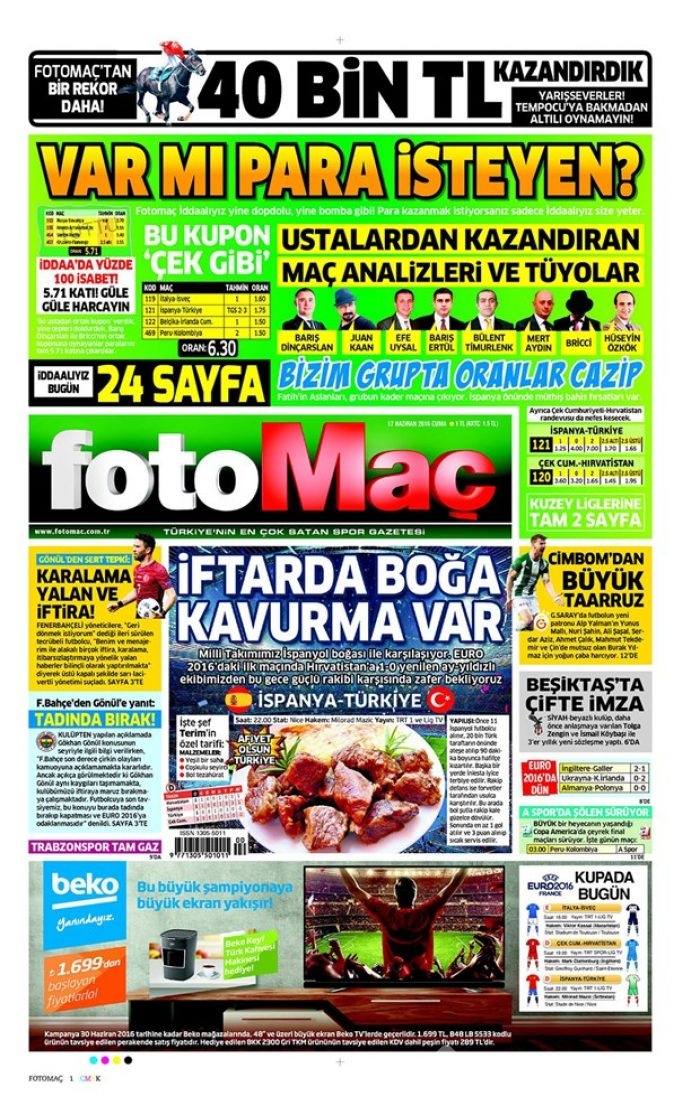 Günün gazete manşetleri - 17 Haziran 2016