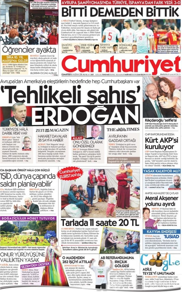 Günün gazete manşetleri - 18 Haziran 2016